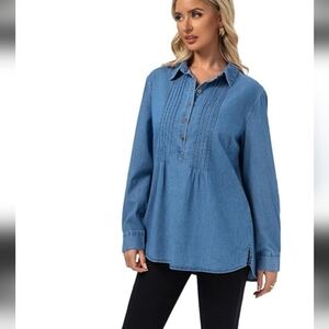 Coldwater Creek Chambray Tencel Pintuck Popover Tunic Top in Light Blue SZ L